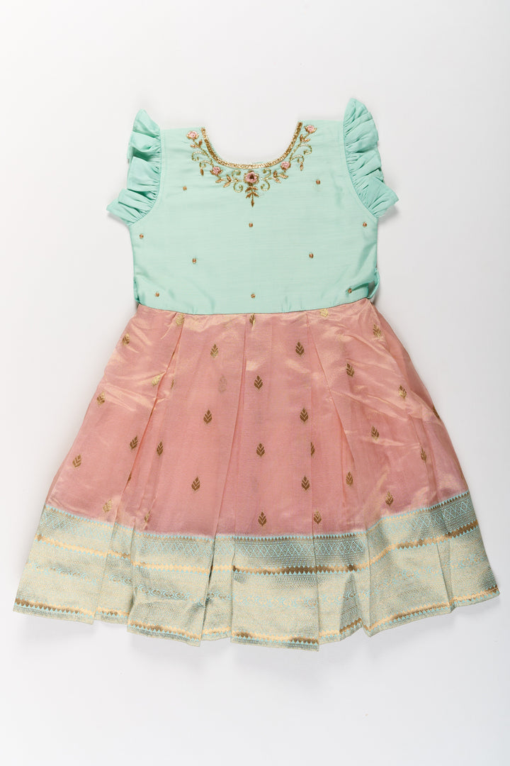 The Nesavu Silk Party Frock Girls Silk Party Frock with Puff Sleeves and Traditional Border Design Nesavu Girls Silk Party Frock Puff Sleeves Zari Border | The Nesavu