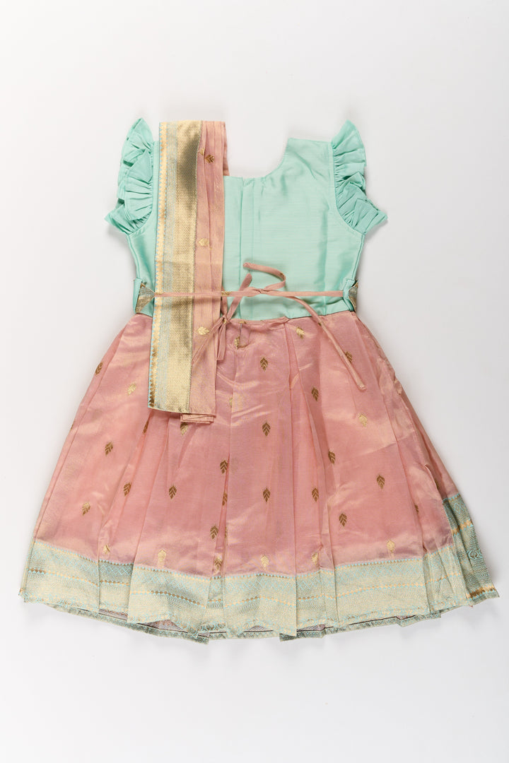 The Nesavu Silk Party Frock Girls Silk Party Frock with Puff Sleeves and Traditional Border Design Nesavu Girls Silk Party Frock Puff Sleeves Zari Border | The Nesavu