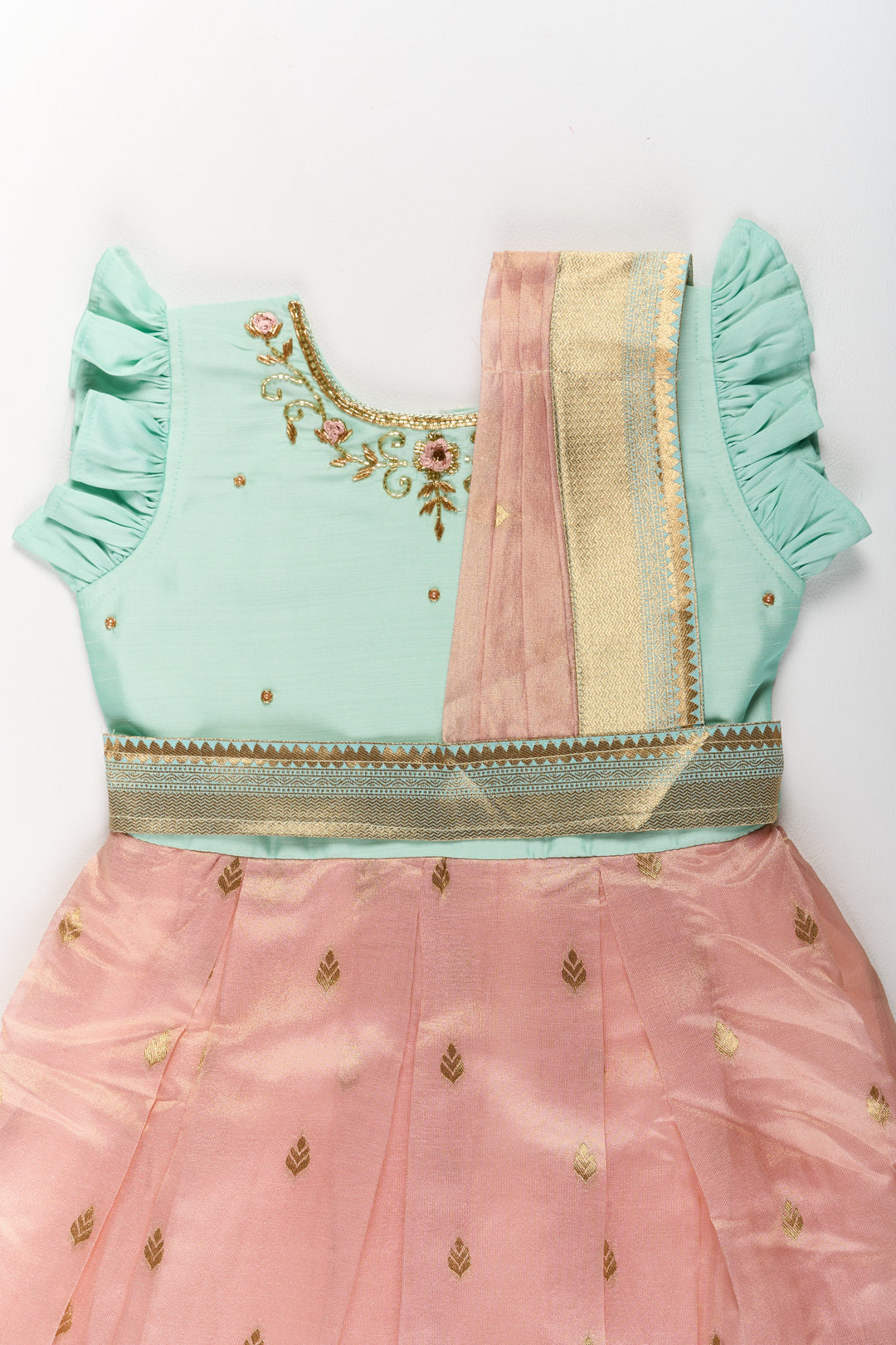 The Nesavu Silk Party Frock Girls Silk Party Frock with Puff Sleeves and Traditional Border Design Nesavu Girls Silk Party Frock Puff Sleeves Zari Border | The Nesavu