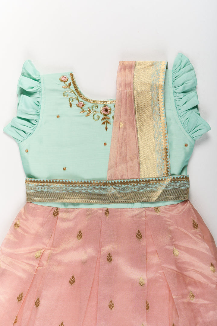 The Nesavu Silk Party Frock Girls Silk Party Frock with Puff Sleeves and Traditional Border Design Nesavu Girls Silk Party Frock Puff Sleeves Zari Border | The Nesavu