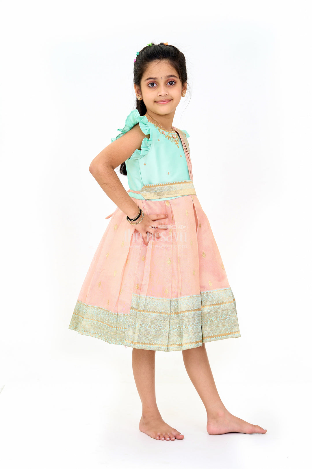 The Nesavu Silk Party Frock Girls Silk Party Frock with Puff Sleeves and Traditional Border Design Nesavu Girls Silk Party Frock Puff Sleeves Zari Border | The Nesavu