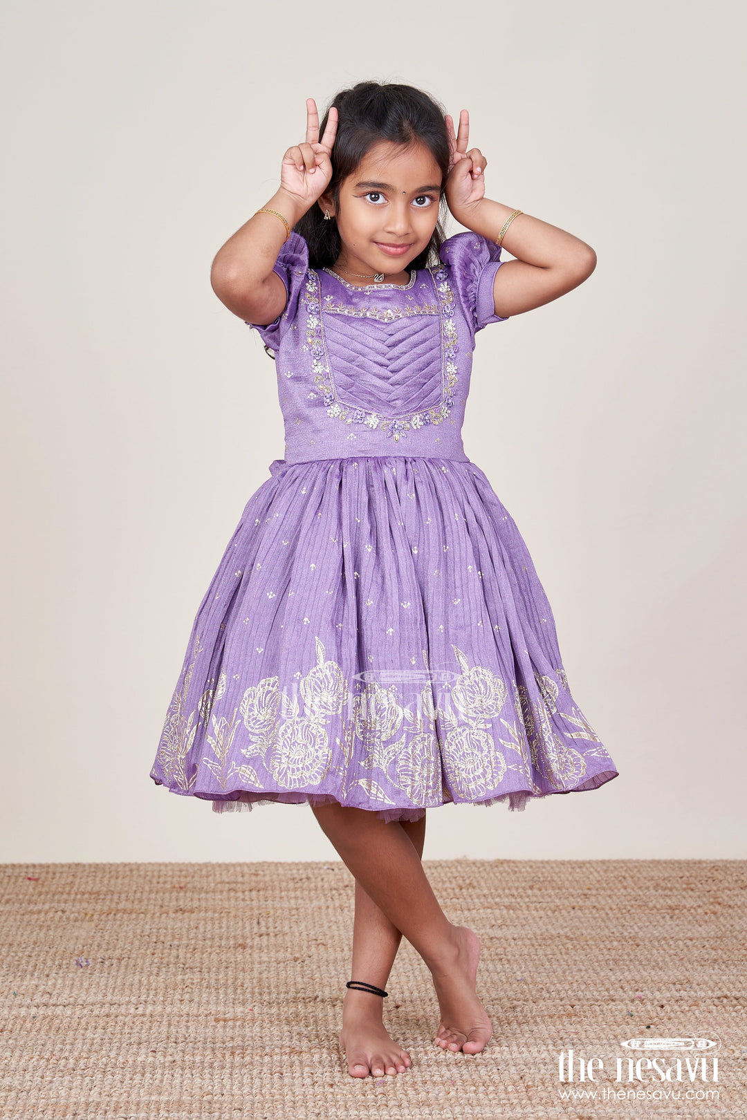 The Nesavu Silk Party Frock Girls Silk Party Frock with Stylish Yoke and Flared Hem Nesavu 18 (2Y) / Purple SF1035B-18 Nesavu silk party frock girls designer yoke floral motifs