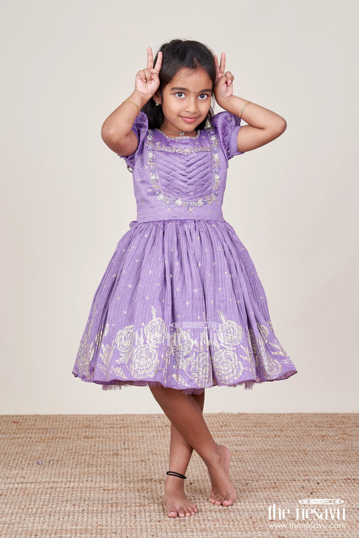 The Nesavu Silk Party Frock Girls Silk Party Frock with Stylish Yoke and Flared Hem Nesavu 18 (2Y) / Purple SF1035B-18 Nesavu silk party frock girls designer yoke floral motifs