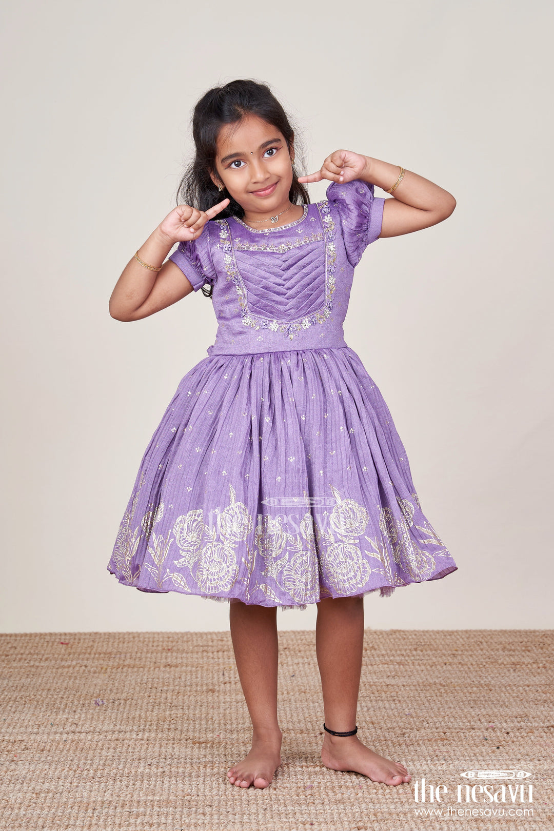 The Nesavu Silk Party Frock Girls Silk Party Frock with Stylish Yoke and Flared Hem Nesavu Nesavu silk party frock girls designer yoke floral motifs