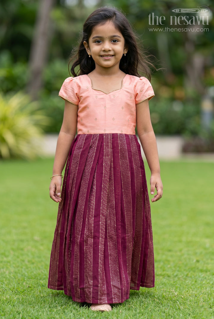 The Nesavu Girls Silk Gown Girls Silk Party Gown for Festive Birthdays and Celebrations Nesavu 16 (1Y) / Peach / Silk Blend GA394A-16 Nesavu Girls Silk Party Gown For Festive Birthdays With Sequence Embroidery And Flared Styling