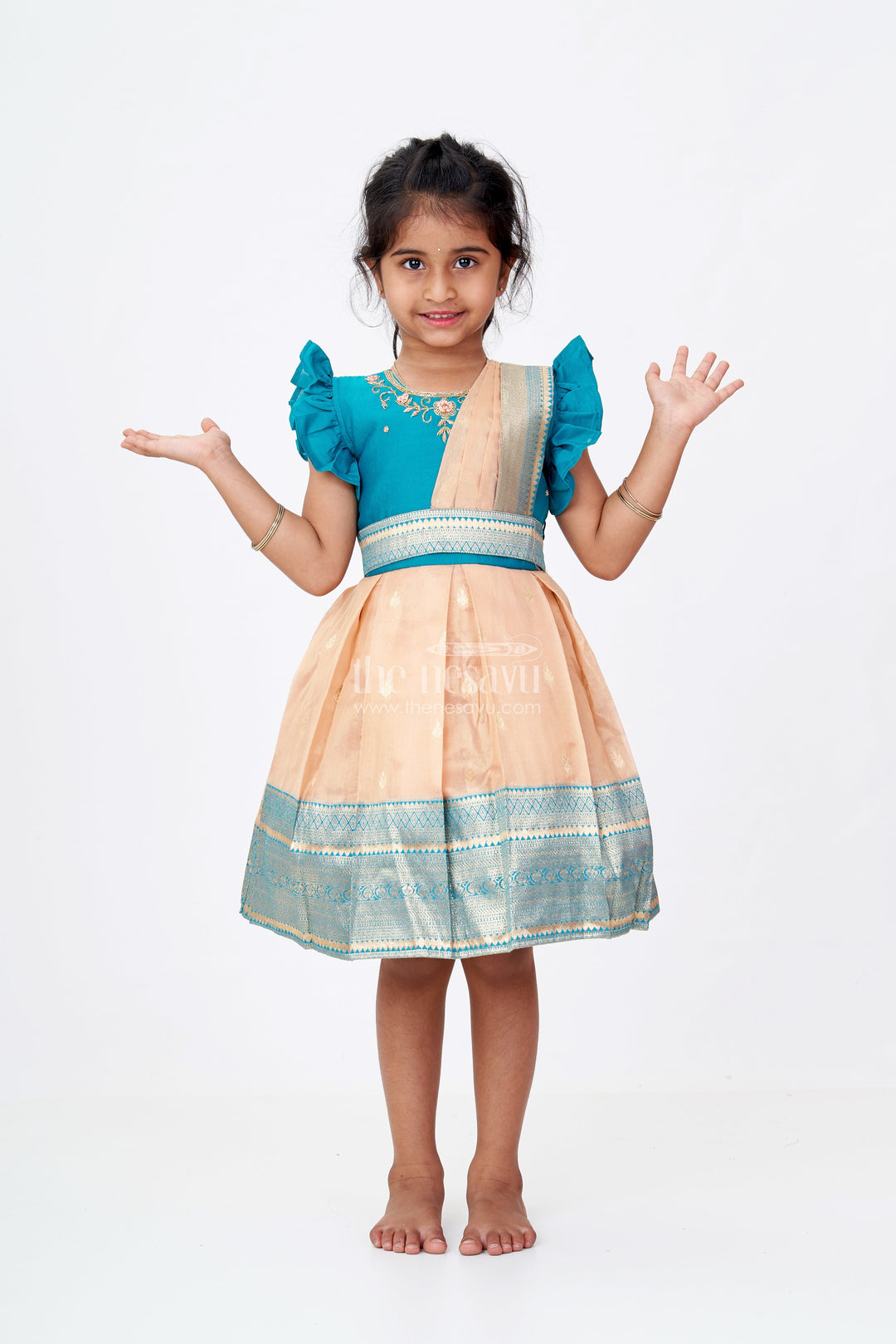 The Nesavu Silk Party Frock Girls Silk Saree To Frock with Traditional Zari Borders in Teal and Peach Nesavu 16 (1Y) / Green SF955D-16 Girls Silk Saree to Frock Teal Peach Zari Border Design | The Nesavu