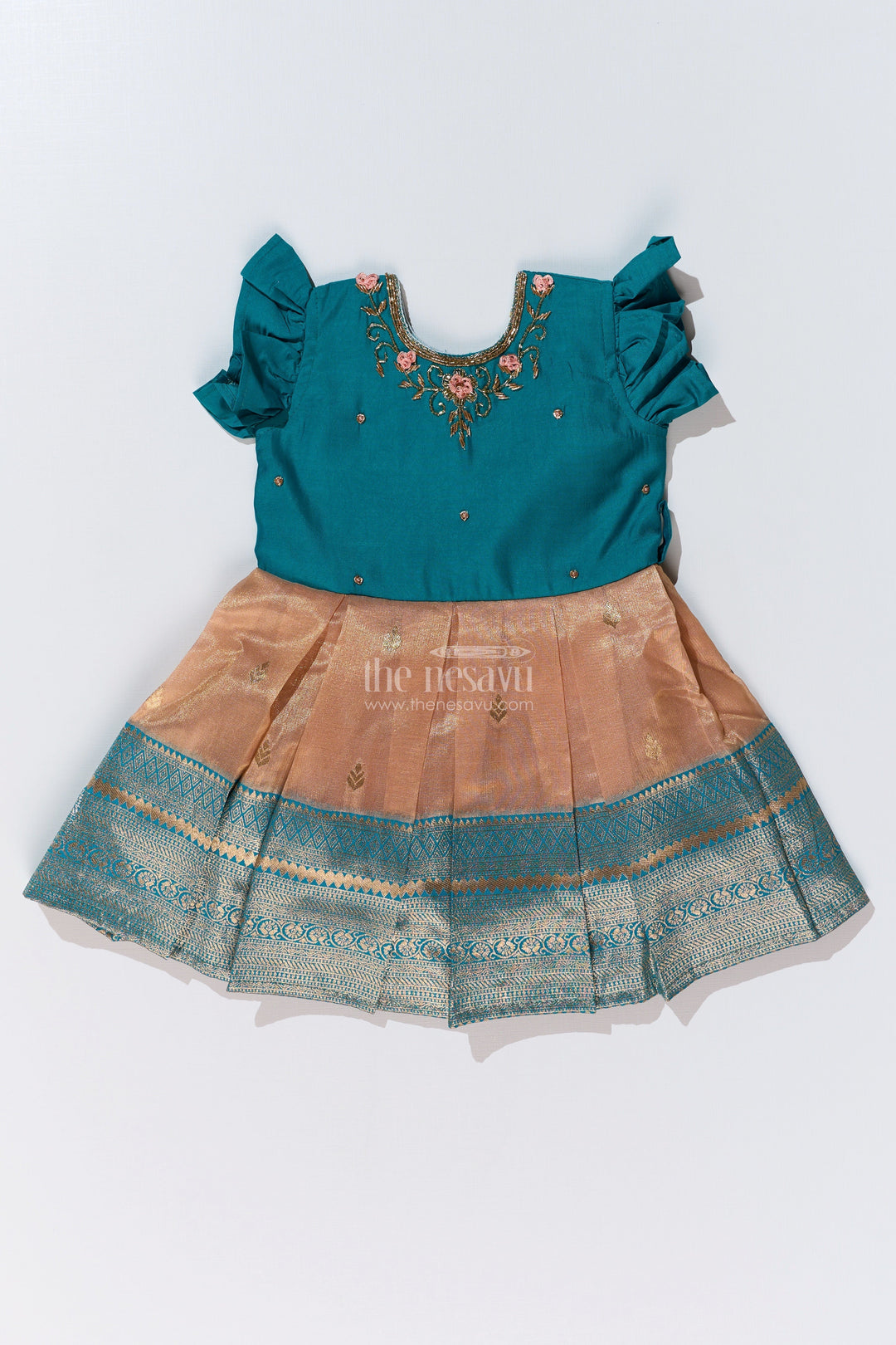 The Nesavu Silk Party Frock Girls Silk Saree To Frock with Traditional Zari Borders in Teal and Peach Nesavu Girls Silk Saree to Frock Teal Peach Zari Border Design | The Nesavu