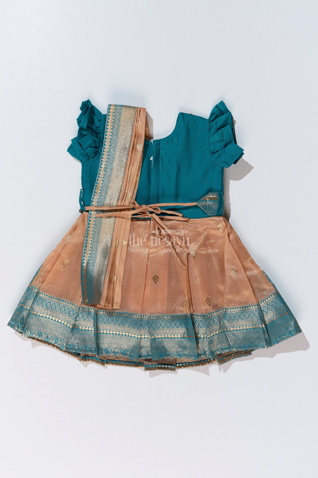 The Nesavu Silk Party Frock Girls Silk Saree To Frock with Traditional Zari Borders in Teal and Peach Nesavu Girls Silk Saree to Frock Teal Peach Zari Border Design | The Nesavu