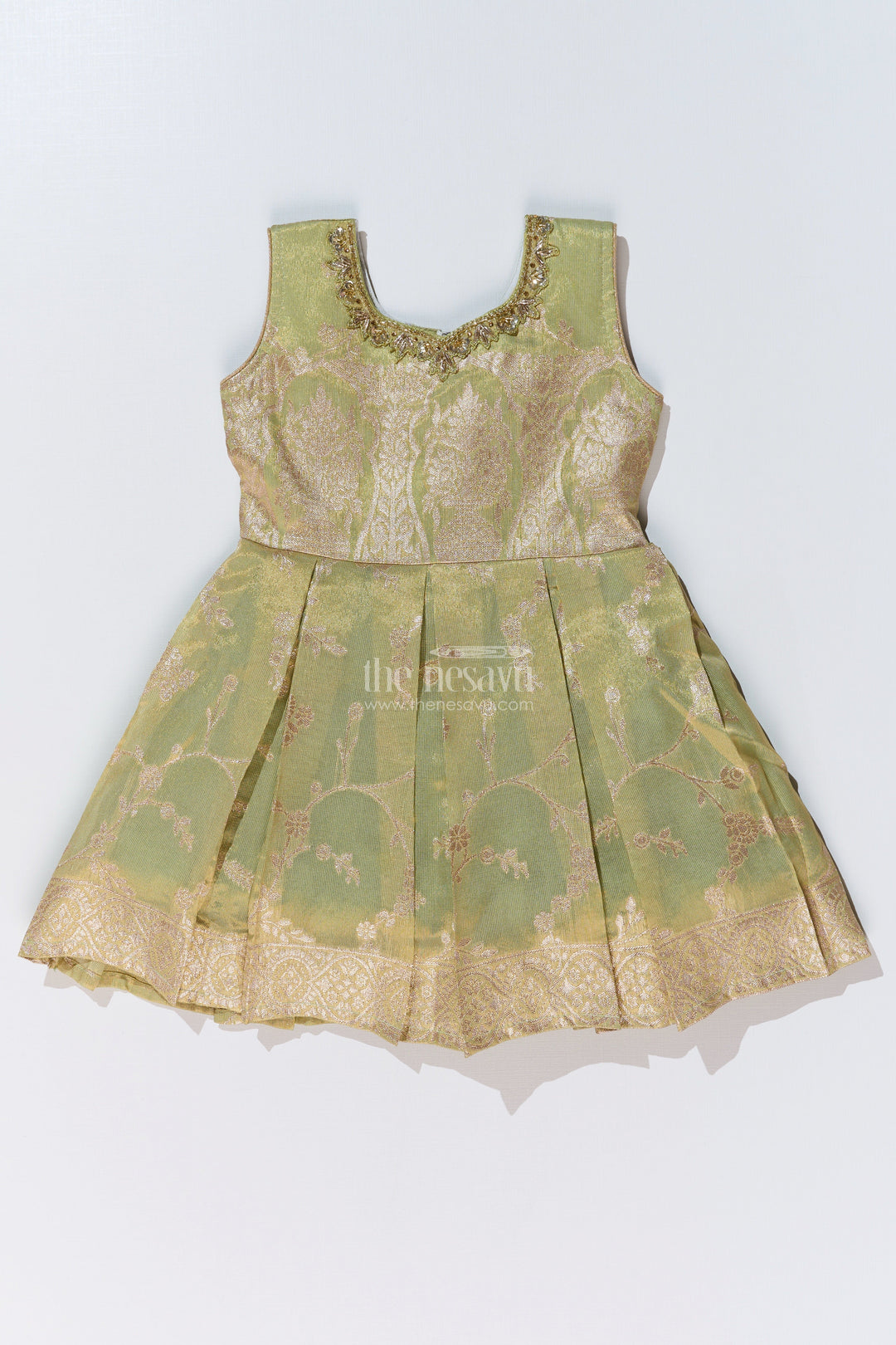 The Nesavu Silk Party Frock Girls Silk Short Frock with Embroidered Neckline and Pleated Skirt for Party Wear Nesavu Girls Silk Short Frock Pleated Skirt Embroidered Neckline Party Wear | The Nesavu