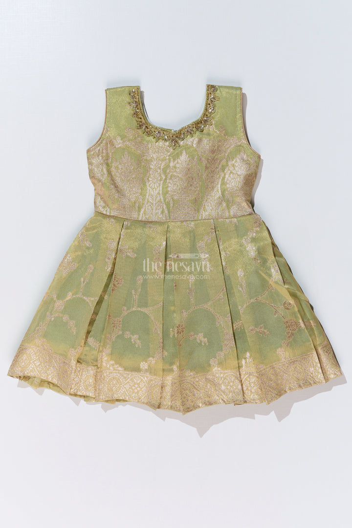 The Nesavu Silk Party Frock Girls Silk Short Frock with Embroidered Neckline and Pleated Skirt for Party Wear Nesavu Girls Silk Short Frock Pleated Skirt Embroidered Neckline Party Wear | The Nesavu