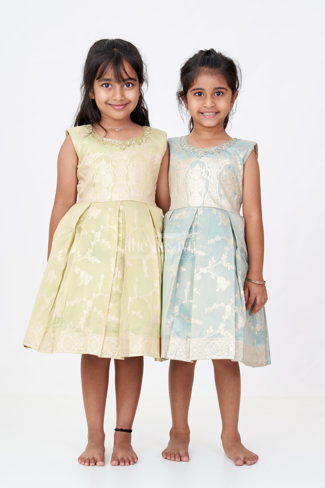 The Nesavu Silk Party Frock Girls Silk Short Frock with Embroidered Neckline and Pleated Skirt for Party Wear Nesavu Girls Silk Short Frock Pleated Skirt Embroidered Neckline Party Wear | The Nesavu