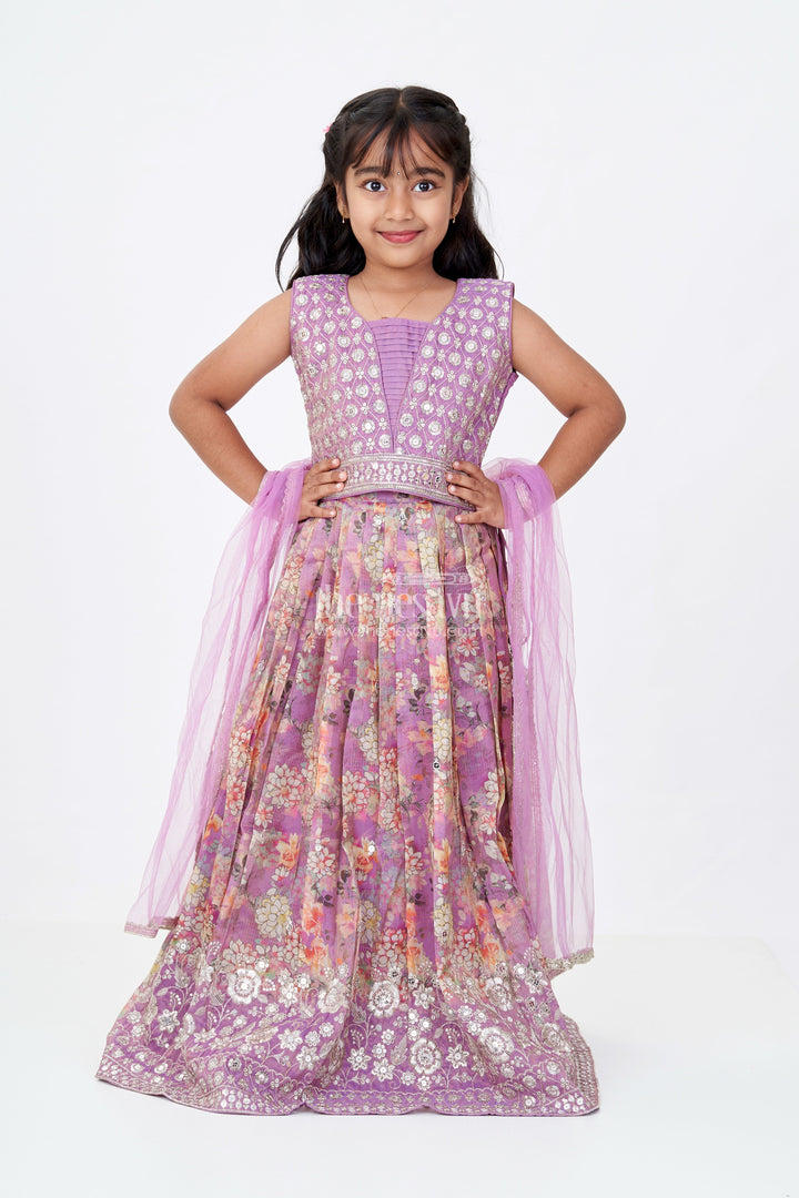 The Nesavu Girls Lehenga Choli Girls Simple Lehenga for Reception in Lavender with Floral Digital Prints and Mirror Work Nesavu 24 (5Y) / Purple GL578A-24 Girls Digital Floral Simple Lehenga Reception Mirror Work Choli | The Nesavu