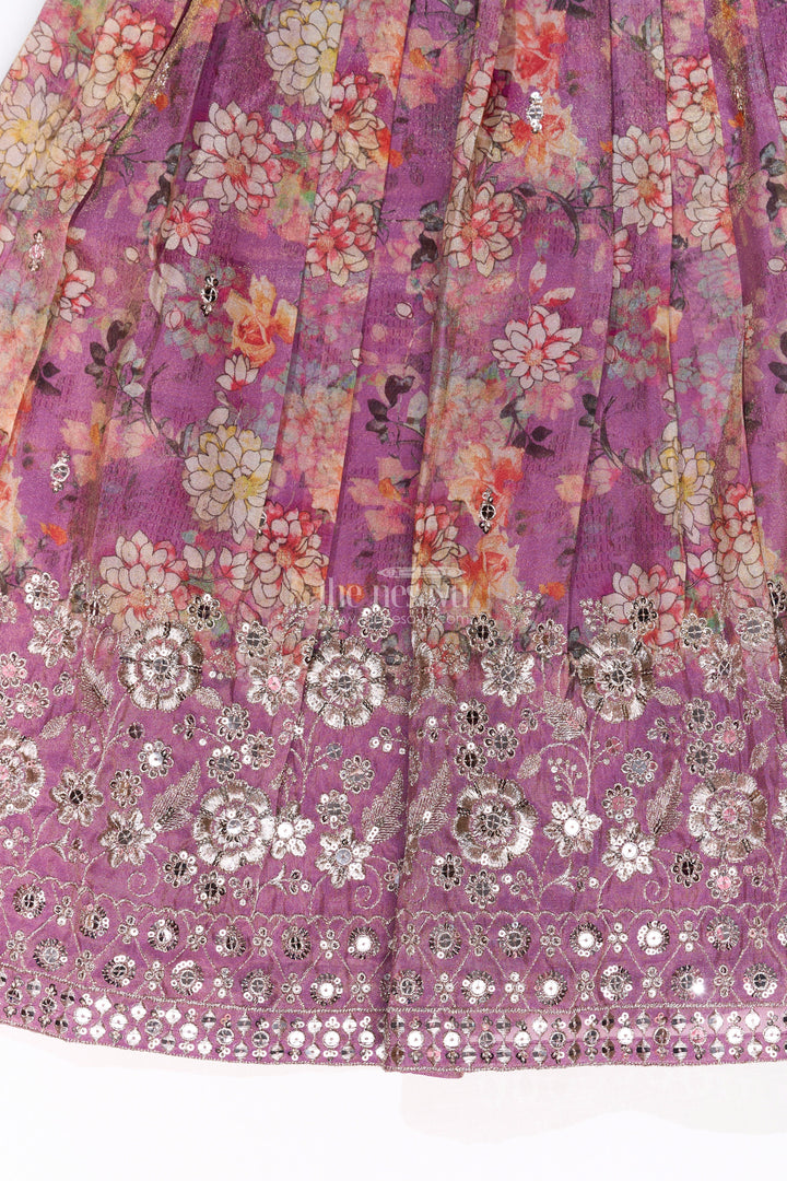 The Nesavu Girls Lehenga Choli Girls Simple Lehenga for Reception in Lavender with Floral Digital Prints and Mirror Work Nesavu Girls Digital Floral Simple Lehenga Reception Mirror Work Choli | The Nesavu