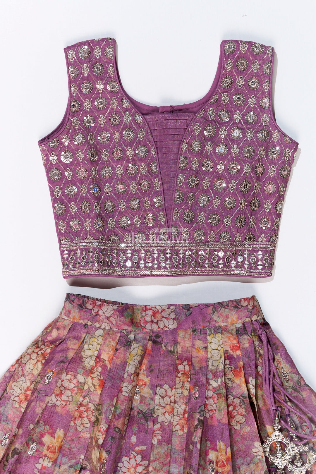 The Nesavu Girls Lehenga Choli Girls Simple Lehenga for Reception in Lavender with Floral Digital Prints and Mirror Work Nesavu Girls Digital Floral Simple Lehenga Reception Mirror Work Choli | The Nesavu