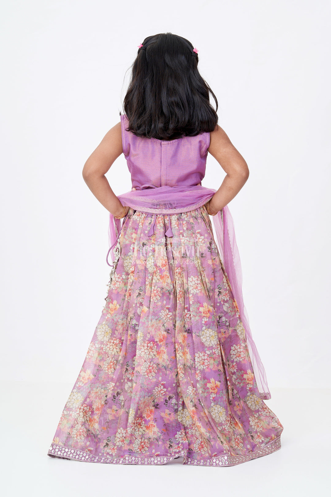 The Nesavu Girls Lehenga Choli Girls Simple Lehenga for Reception in Lavender with Floral Digital Prints and Mirror Work Nesavu Girls Digital Floral Simple Lehenga Reception Mirror Work Choli | The Nesavu