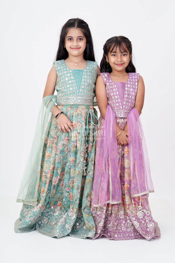 The Nesavu Girls Lehenga Choli Girls Simple Lehenga for Reception in Lavender with Floral Digital Prints and Mirror Work Nesavu Girls Digital Floral Simple Lehenga Reception Mirror Work Choli | The Nesavu