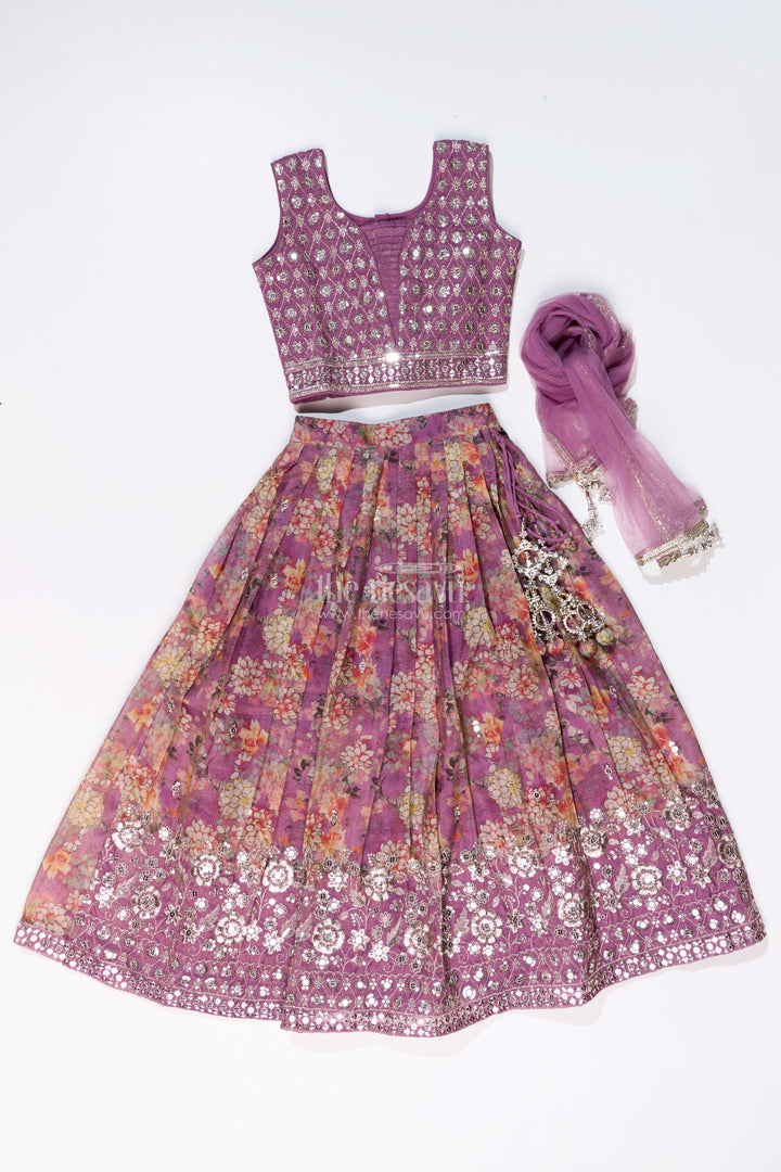 The Nesavu Girls Lehenga Choli Girls Simple Lehenga for Reception in Lavender with Floral Digital Prints and Mirror Work Nesavu Nesavu Girls Digital Floral Simple Lehenga Reception Mirror Work Choli