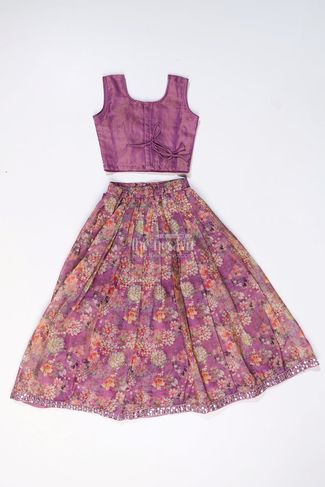 The Nesavu Girls Lehenga Choli Girls Simple Lehenga for Reception in Lavender with Floral Digital Prints and Mirror Work Nesavu Nesavu Girls Digital Floral Simple Lehenga Reception Mirror Work Choli