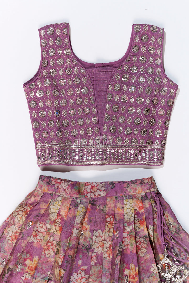 The Nesavu Girls Lehenga Choli Girls Simple Lehenga for Reception in Lavender with Floral Digital Prints and Mirror Work Nesavu Nesavu Girls Digital Floral Simple Lehenga Reception Mirror Work Choli