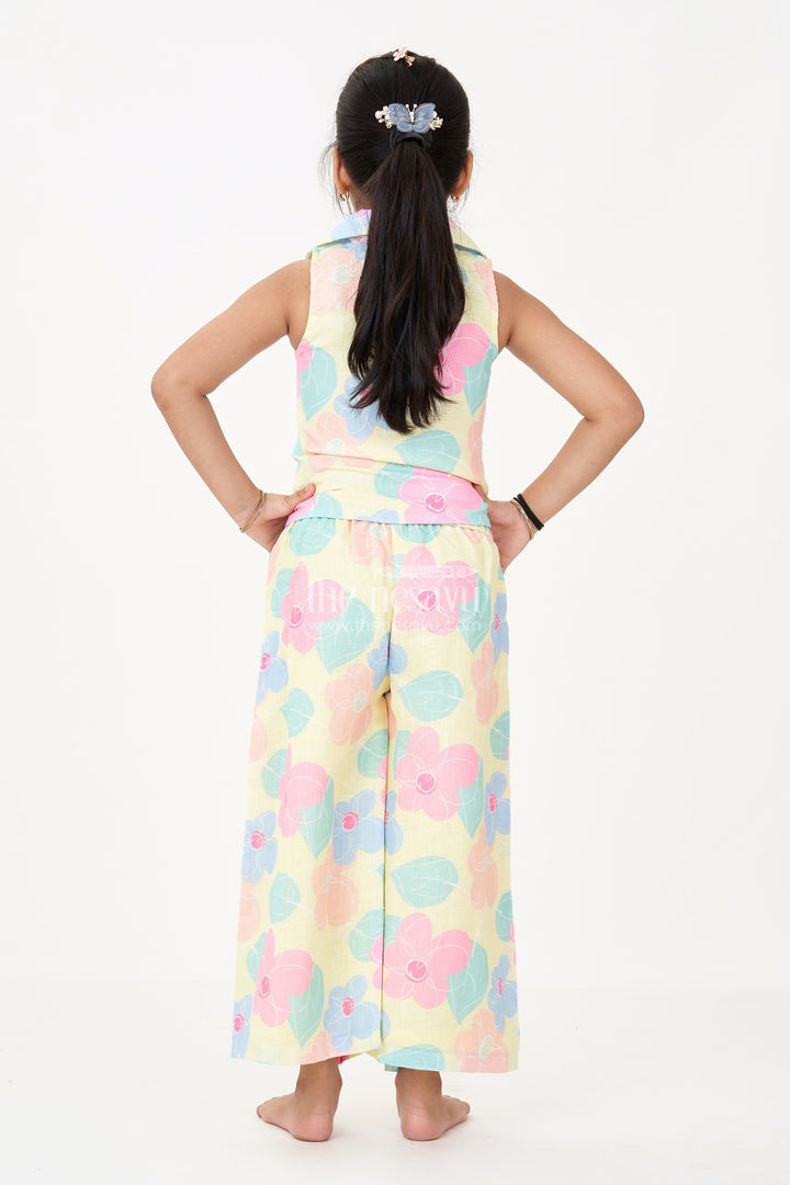 The Nesavu Girls Co-Ord Sets Girls Simple Sharara Set with Floral Printed Sleeveless Jacket and Wide-Leg Pants Nesavu Girls Floral Printed Simple Sharara Set Sleeveless Jacket Pants | The Nesavu