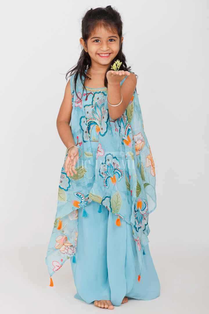 The Nesavu Girls Sharara / Plazo Set Girls Sky Blue Palazzo Set with Floral Embroidery and Tassel-Trimmed Sheer Jacket Nesavu 16 (1Y) / Turquoise GPS446A-16 Nesavu Girls Sky Blue Palazzo Set Floral Embroidered Crop Top Tassel Sheer Jacket