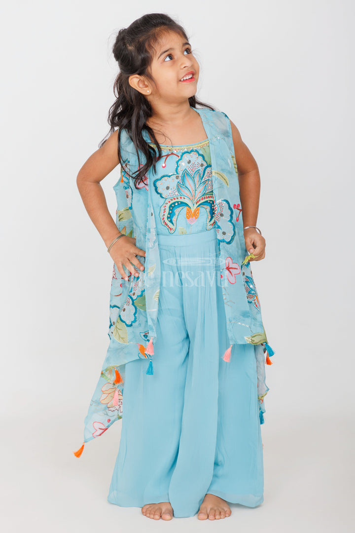 The Nesavu Girls Sharara / Plazo Set Girls Sky Blue Palazzo Set with Floral Embroidery and Tassel-Trimmed Sheer Jacket Nesavu Nesavu Girls Sky Blue Palazzo Set Floral Embroidered Crop Top Tassel Sheer Jacket