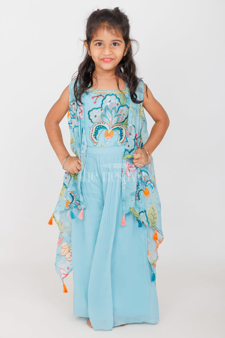 The Nesavu Girls Sharara / Plazo Set Girls Sky Blue Palazzo Set with Floral Embroidery and Tassel-Trimmed Sheer Jacket Nesavu Nesavu Girls Sky Blue Palazzo Set Floral Embroidered Crop Top Tassel Sheer Jacket