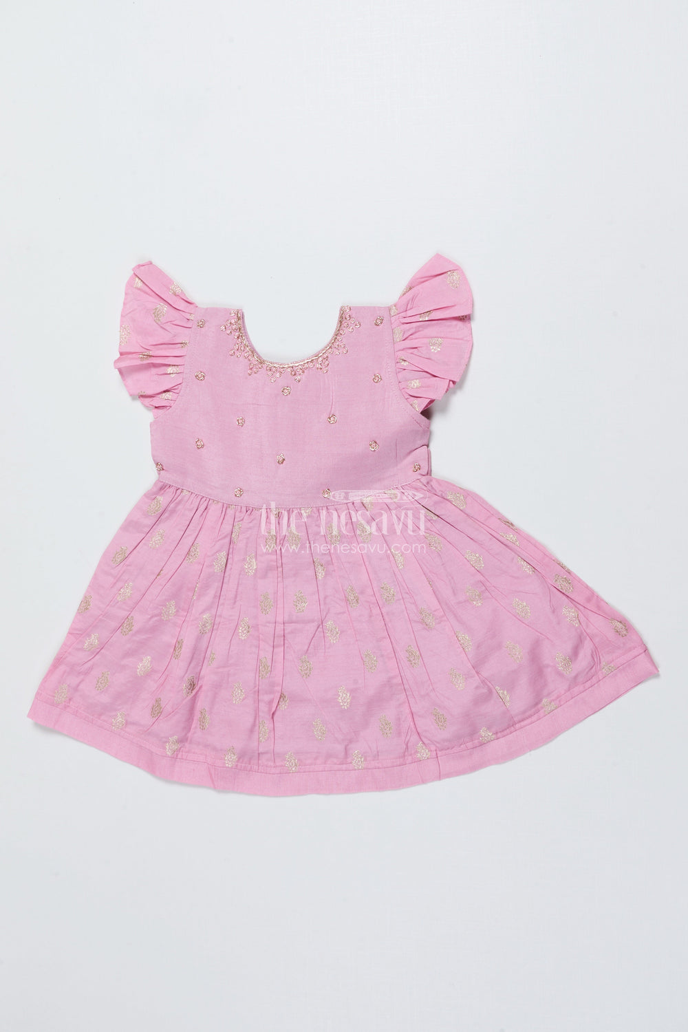 The Nesavu Girls Chanderi Frock Girls Sleeveless Chanderi Frock for Birthday and Festive Wear Nesavu 16 (1Y) / Pink GFC2014A-16 Nesavu girls chanderi cotton frock gold motif print birthdays festive occasions