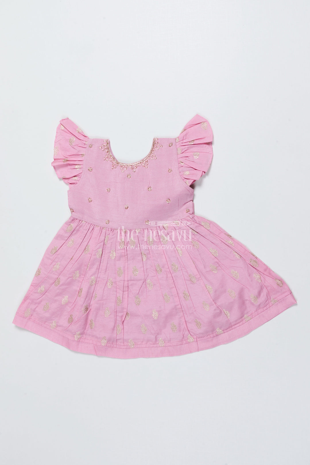 The Nesavu Girls Chanderi Frock Girls Sleeveless Chanderi Frock for Birthday and Festive Wear Nesavu 16 (1Y) / Pink GFC2014A-16 Nesavu girls chanderi cotton frock gold motif print birthdays festive occasions