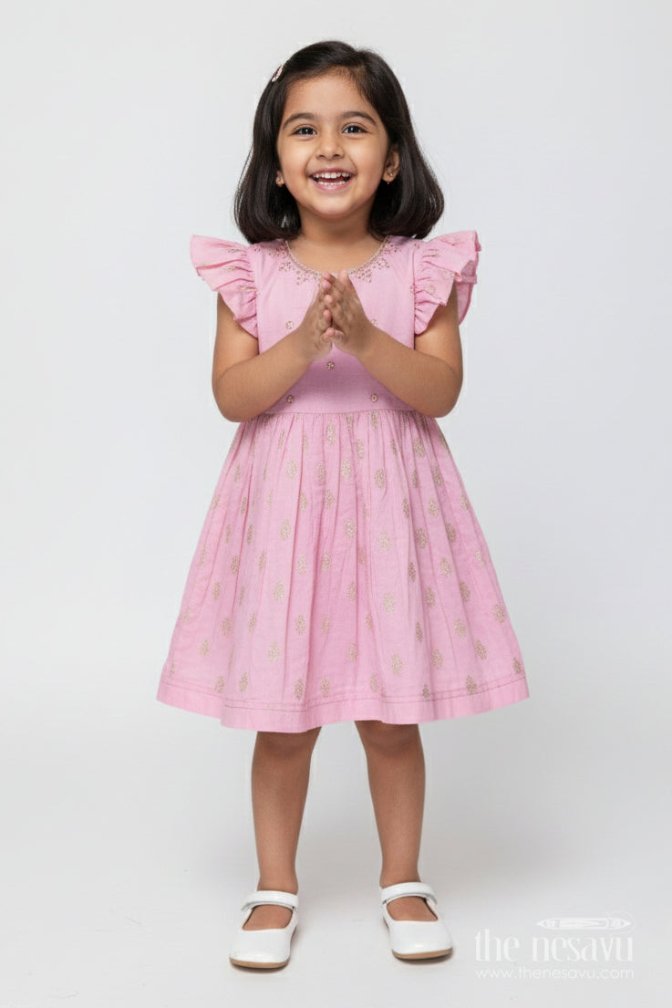 The Nesavu Girls Chanderi Frock Girls Sleeveless Chanderi Frock for Birthday and Festive Wear Nesavu 16 (1Y) / Pink GFC2014A-16 Nesavu girls chanderi cotton frock gold motif print birthdays festive occasions