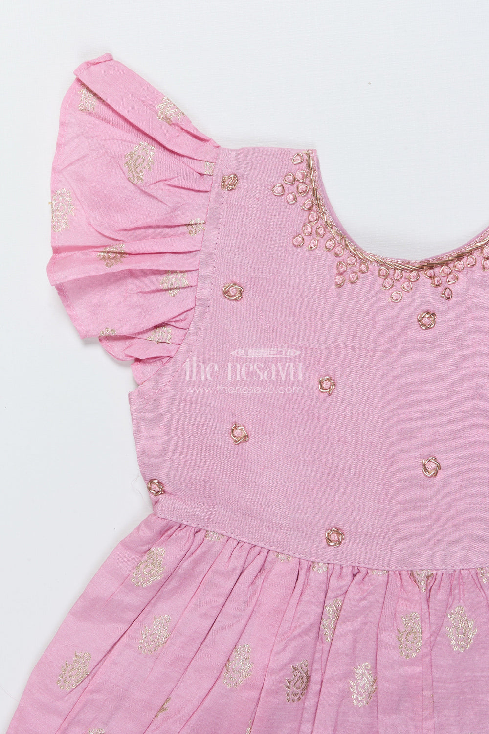 The Nesavu Girls Chanderi Frock Girls Sleeveless Chanderi Frock for Birthday and Festive Wear Nesavu Nesavu girls chanderi cotton frock gold motif print birthdays festive occasions