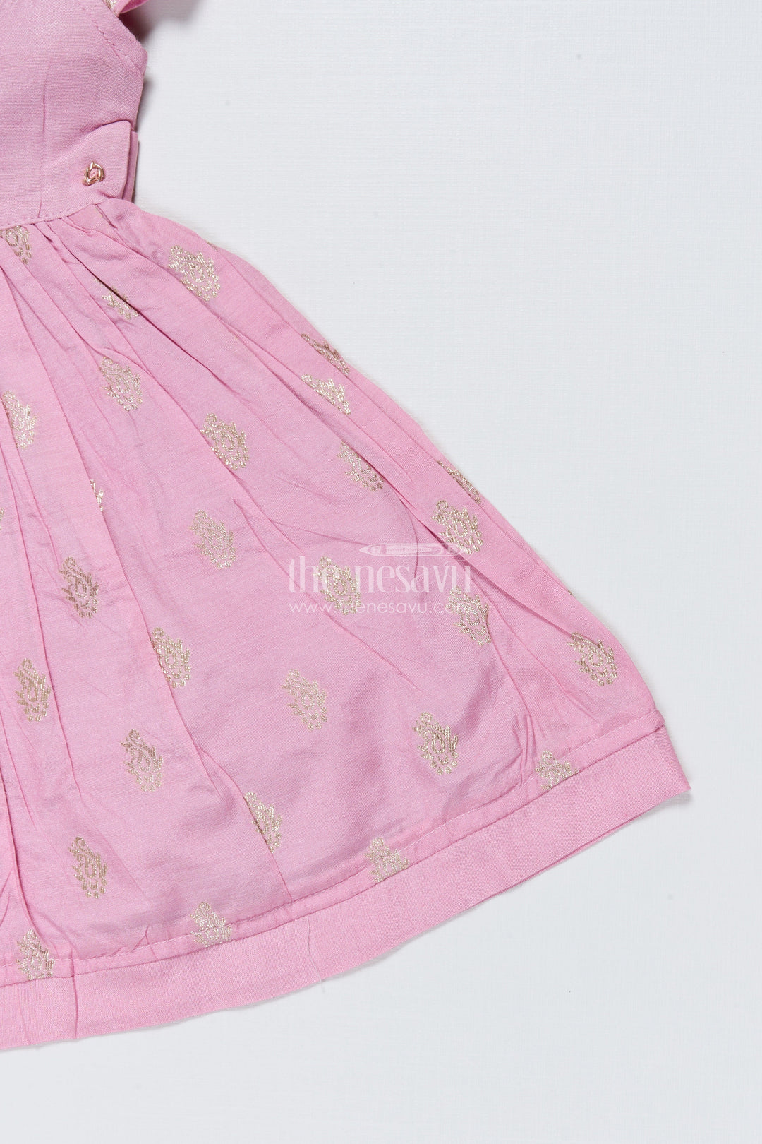 The Nesavu Girls Chanderi Frock Girls Sleeveless Chanderi Frock for Birthday and Festive Wear Nesavu Nesavu girls chanderi cotton frock gold motif print birthdays festive occasions