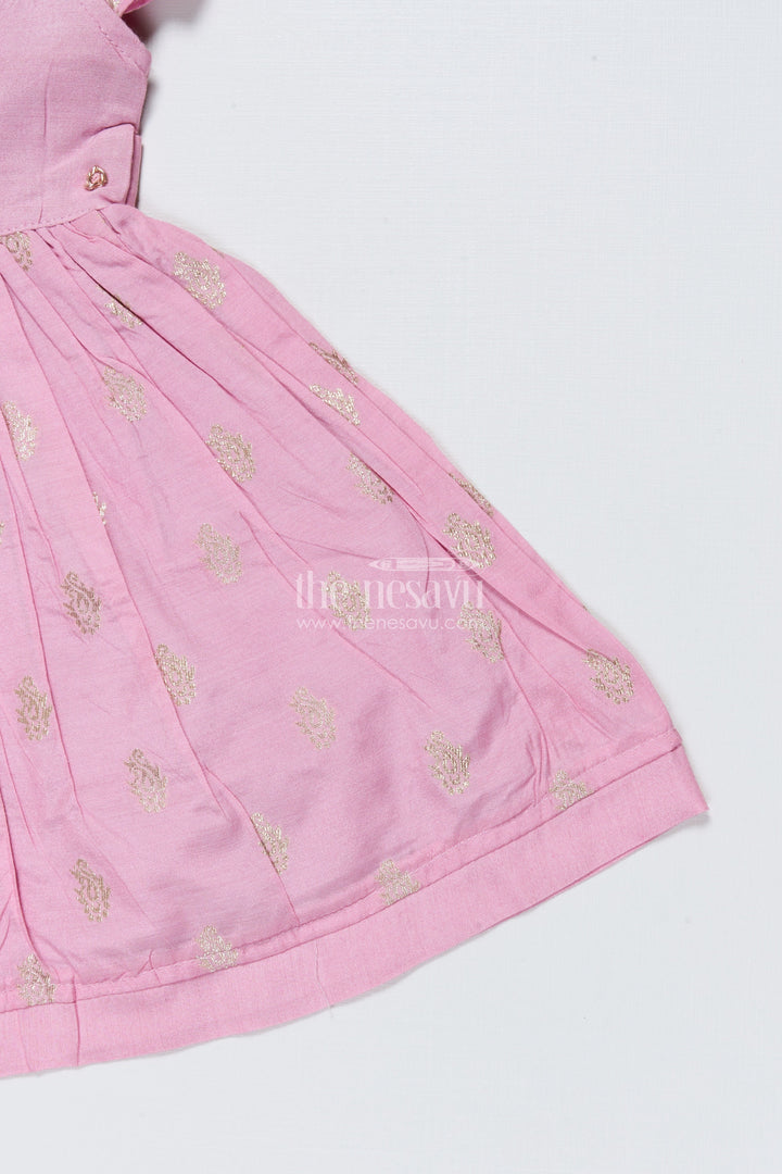 The Nesavu Girls Chanderi Frock Girls Sleeveless Chanderi Frock for Birthday and Festive Wear Nesavu Nesavu girls chanderi cotton frock gold motif print birthdays festive occasions