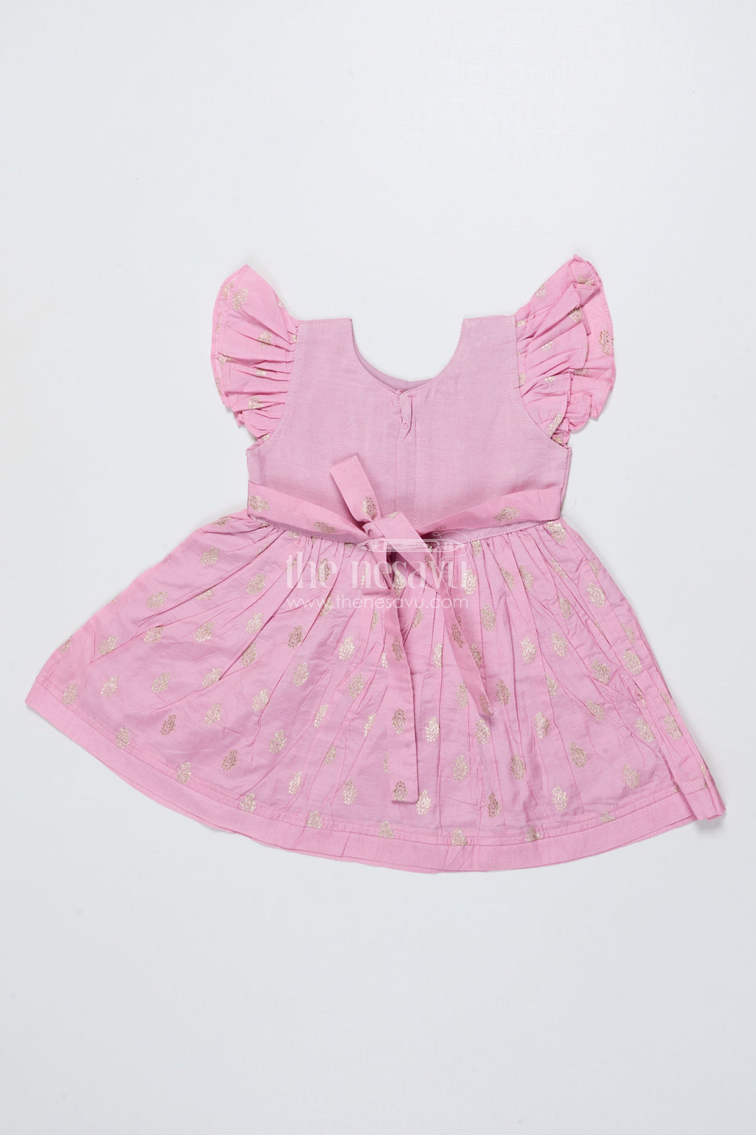 The Nesavu Girls Chanderi Frock Girls Sleeveless Chanderi Frock for Birthday and Festive Wear Nesavu Nesavu girls chanderi cotton frock gold motif print birthdays festive occasions