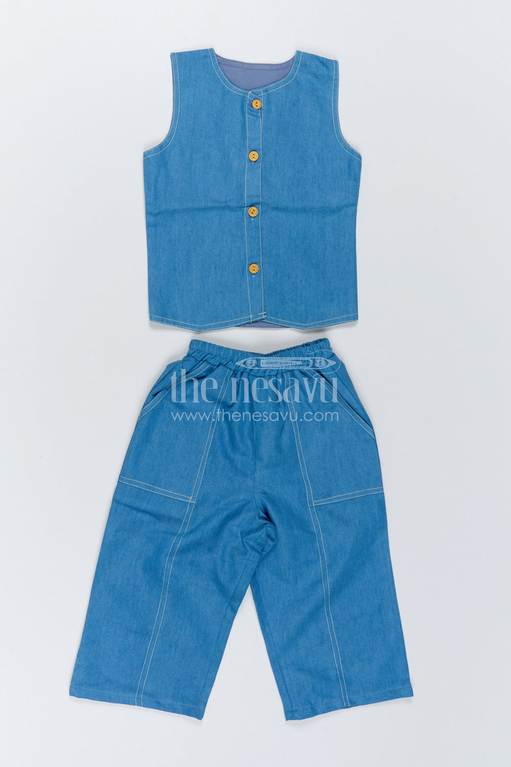 The Nesavu Girls Co-Ord Sets Girls Sleeveless Co Ord Set for Casual Weekend Outings Nesavu 22 (4Y) / Blue / Cotton Blend GCS066B-22 Nesavu Girls Sleeveless Cotton Blend Co Ord Set With Wide Leg Pants For Casual Outings