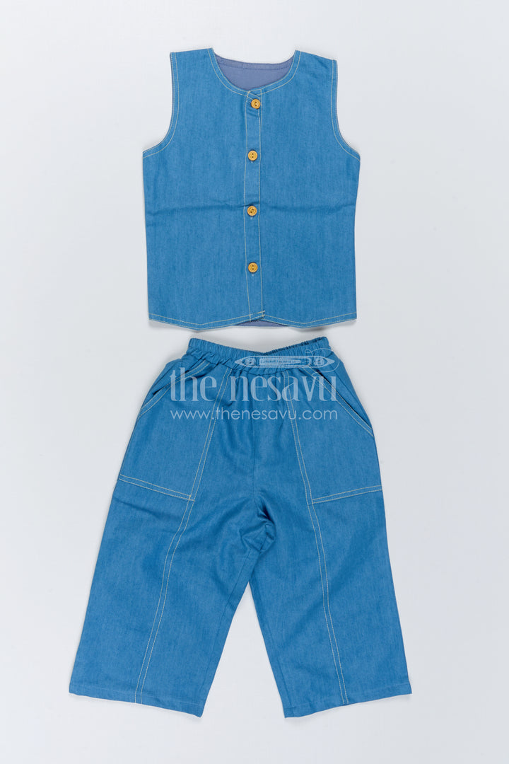 The Nesavu Girls Co-Ord Sets Girls Sleeveless Co Ord Set for Casual Weekend Outings Nesavu 22 (4Y) / Blue / Cotton Blend GCS066B-22 Nesavu Girls Sleeveless Cotton Blend Co Ord Set With Wide Leg Pants For Casual Outings