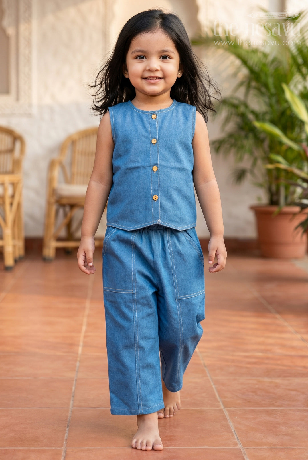 The Nesavu Girls Co-Ord Sets Girls Sleeveless Co Ord Set for Casual Weekend Outings Nesavu 22 (4Y) / Blue / Cotton Blend GCS066B-22 Nesavu Girls Sleeveless Cotton Blend Co Ord Set With Wide Leg Pants For Casual Outings