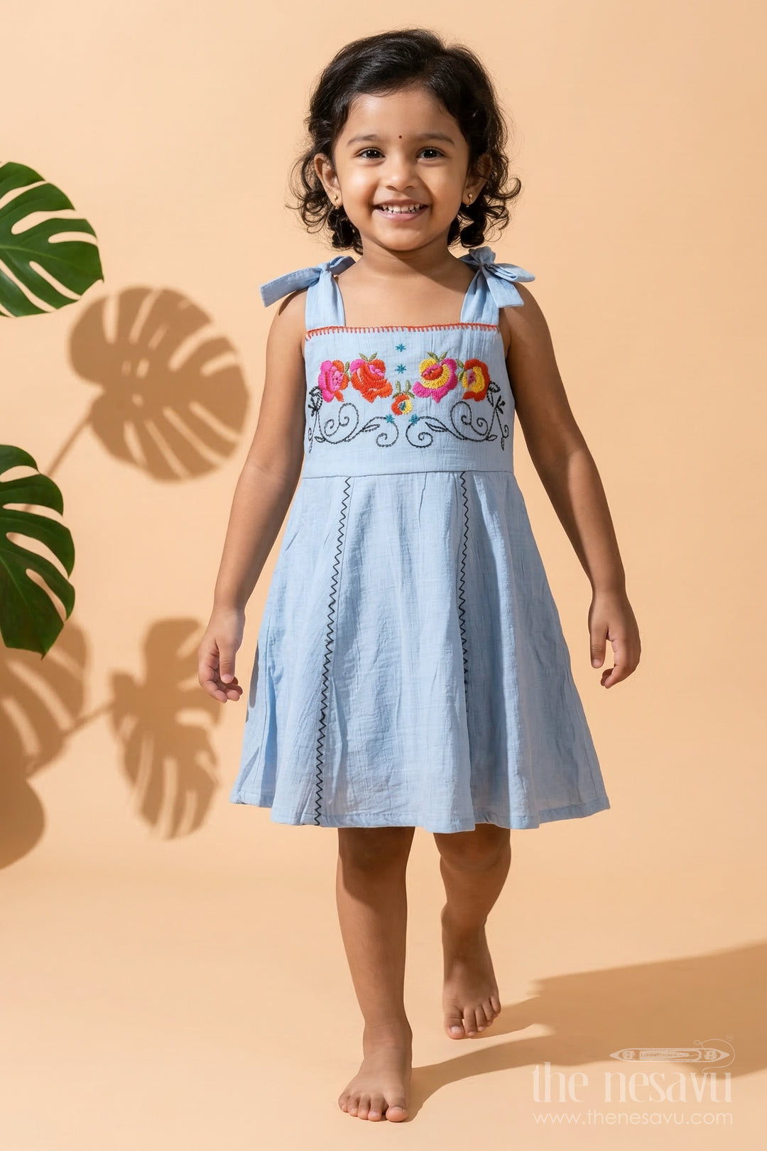 The Nesavu Girls Cotton Frock Girls Sleeveless Cotton Frock for Summer Playdates and Outings Nesavu 16 (1Y) / Blue / Cotton Blend GFC2110A-16 Nesavu girls sleeveless cotton frock with floral embroidery – perfect for summer playdates and holidays