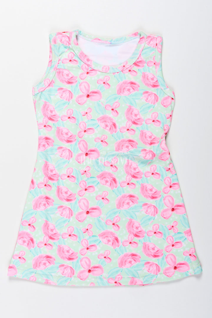 The Nesavu Girls Cotton Frock Girls Sleeveless Cotton Frock with Pink Floral Print for Casual Summer Wear Nesavu 22 (4Y) / Green GFC1889A-22 Nesavu Girls Green Cotton Frock Pink Floral Print Sleeveless Summer Dress Toddlers