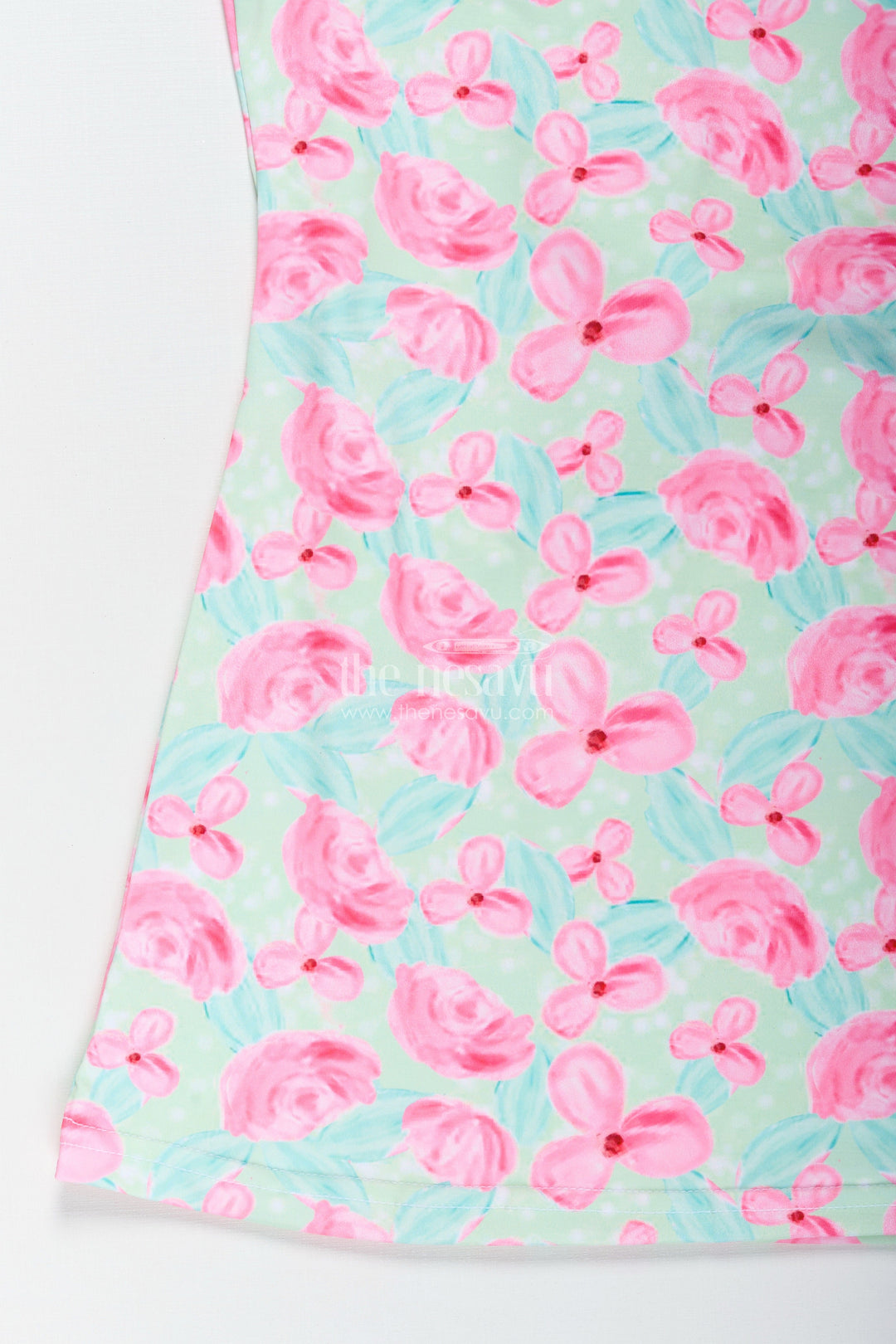 The Nesavu Girls Cotton Frock Girls Sleeveless Cotton Frock with Pink Floral Print for Casual Summer Wear Nesavu Nesavu Girls Green Cotton Frock Pink Floral Print Sleeveless Summer Dress Toddlers
