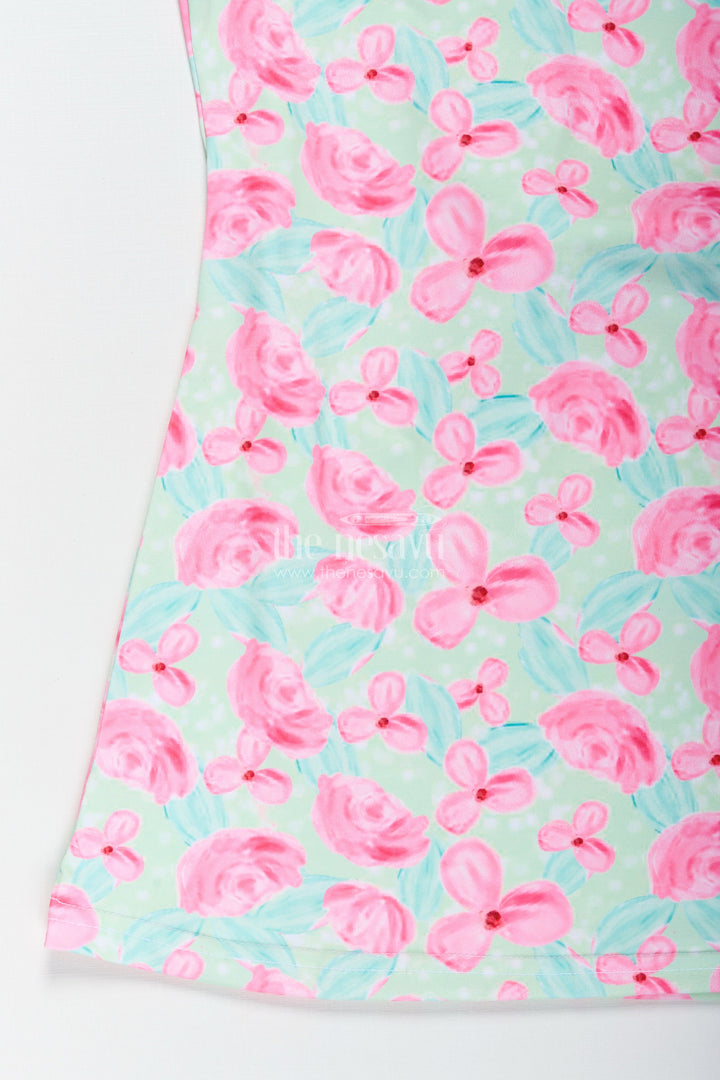 The Nesavu Girls Cotton Frock Girls Sleeveless Cotton Frock with Pink Floral Print for Casual Summer Wear Nesavu Nesavu Girls Green Cotton Frock Pink Floral Print Sleeveless Summer Dress Toddlers