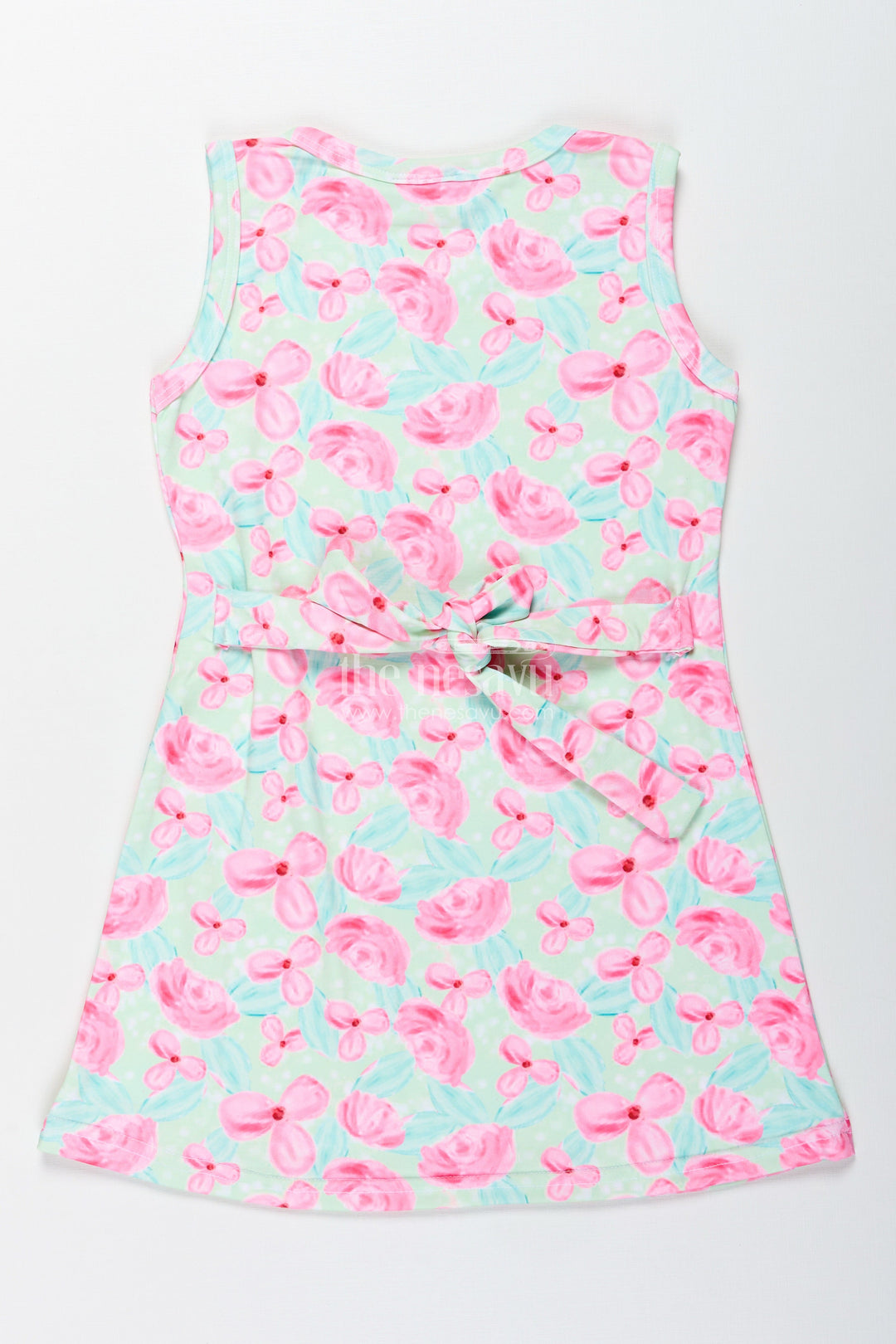 The Nesavu Girls Cotton Frock Girls Sleeveless Cotton Frock with Pink Floral Print for Casual Summer Wear Nesavu Nesavu Girls Green Cotton Frock Pink Floral Print Sleeveless Summer Dress Toddlers