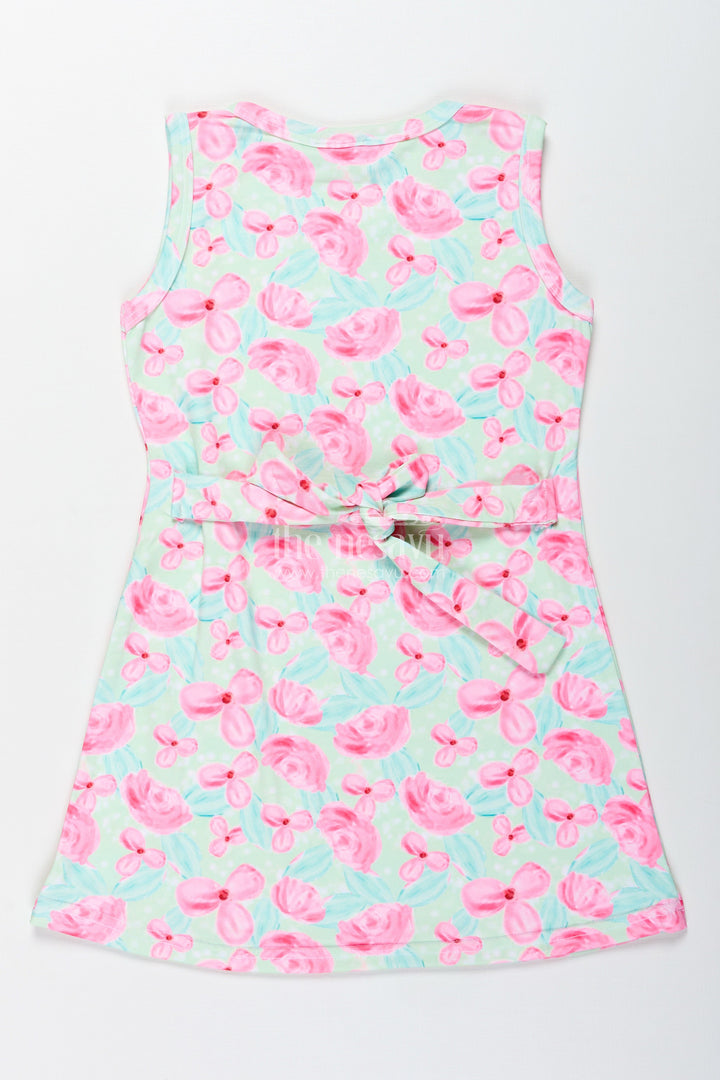 The Nesavu Girls Cotton Frock Girls Sleeveless Cotton Frock with Pink Floral Print for Casual Summer Wear Nesavu Nesavu Girls Green Cotton Frock Pink Floral Print Sleeveless Summer Dress Toddlers