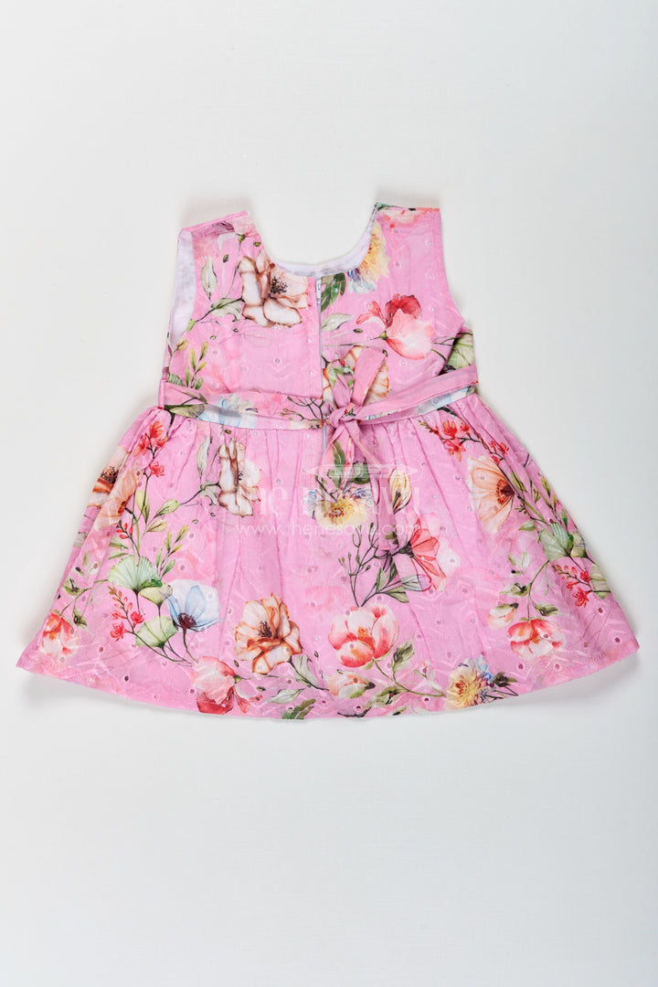The Nesavu Baby Cotton Frocks Girls Sleeveless Flower Frock in Hakoba Cotton with Multicolor Floral Print and Soft Pink Base Nesavu Sleeveless Flower Frock Girls Hakoba Cotton Pink Multicolor Floral Print | The Nesavu