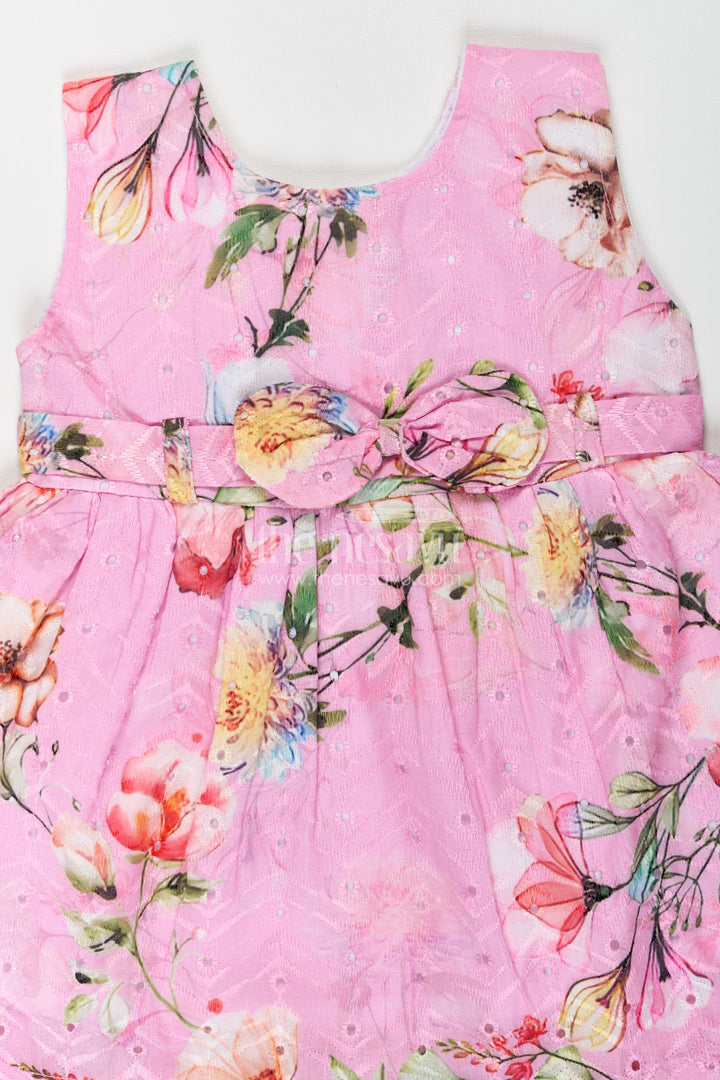 The Nesavu Baby Cotton Frocks Girls Sleeveless Flower Frock in Hakoba Cotton with Multicolor Floral Print and Soft Pink Base Nesavu Sleeveless Flower Frock Girls Hakoba Cotton Pink Multicolor Floral Print | The Nesavu