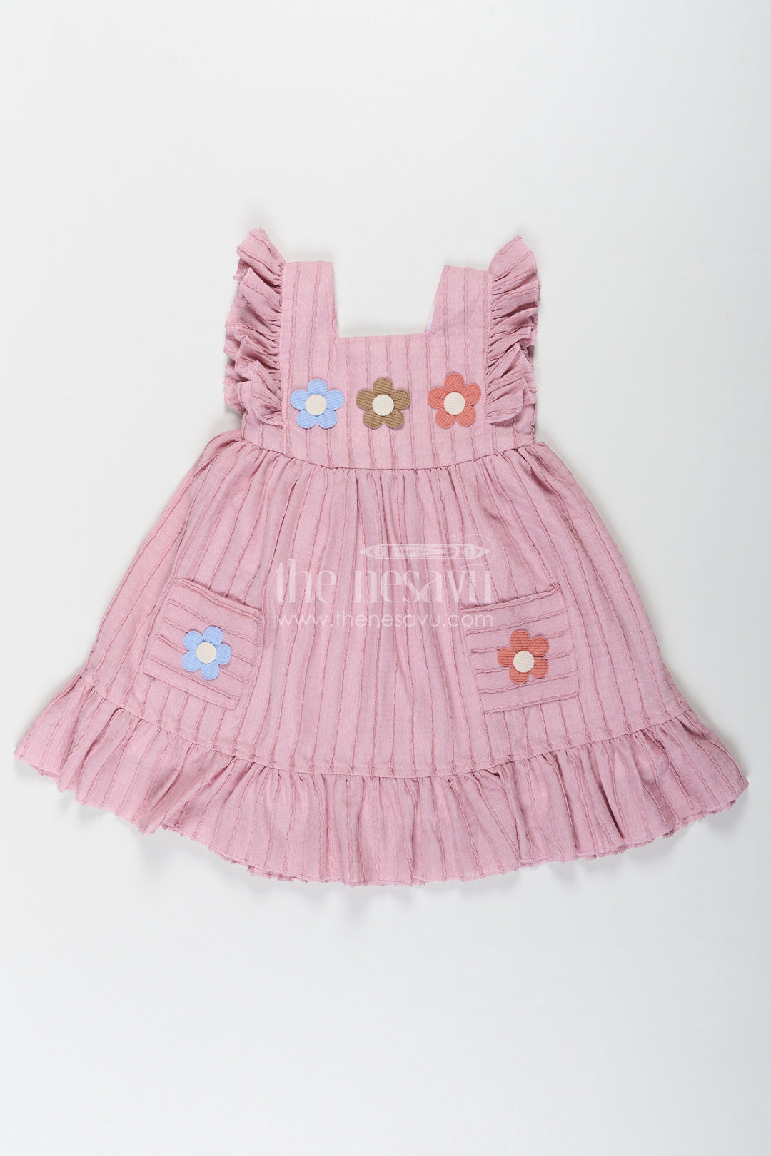The Nesavu Girls Cotton Frock Girls Sleeveless Frock in Pure Cotton with Ruffled Straps and Floral Appliqué for a Casual Look Nesavu 20 (3Y) / Pink GFC1651B-20 Nesavu Girls Sleeveless Frock Pure Cotton Ruffled Straps Floral Appliqu Everyday Wear