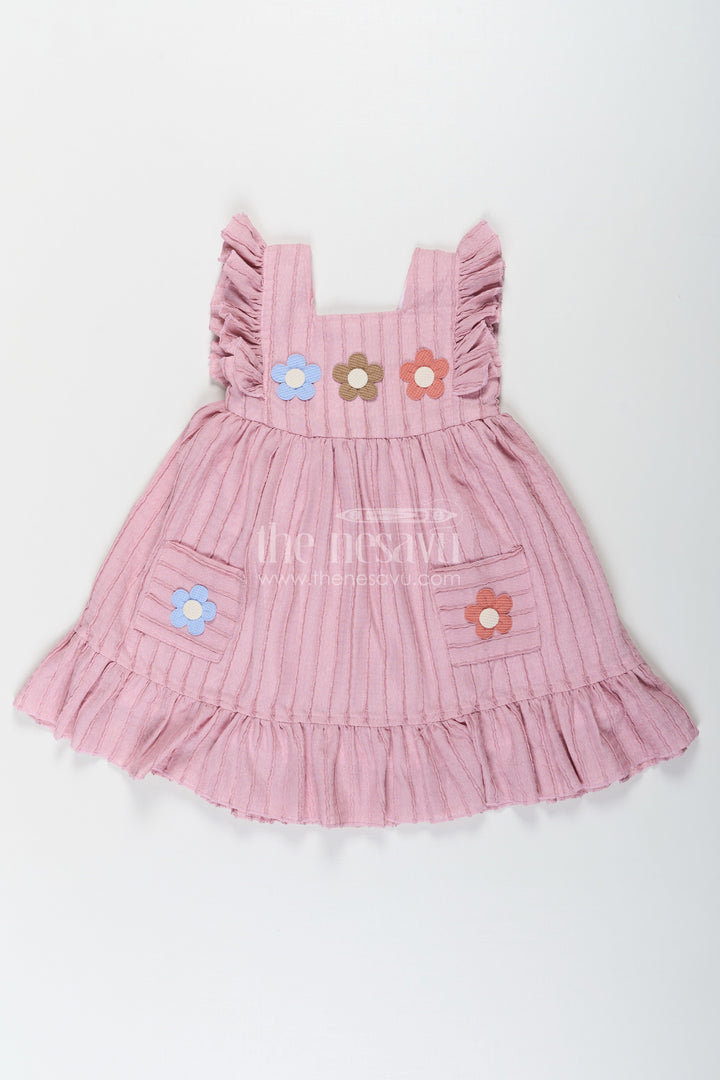 The Nesavu Girls Cotton Frock Girls Sleeveless Frock in Pure Cotton with Ruffled Straps and Floral Appliqué for a Casual Look Nesavu 20 (3Y) / Pink GFC1651B-20 Nesavu Girls Sleeveless Frock Pure Cotton Ruffled Straps Floral Appliqu Everyday Wear