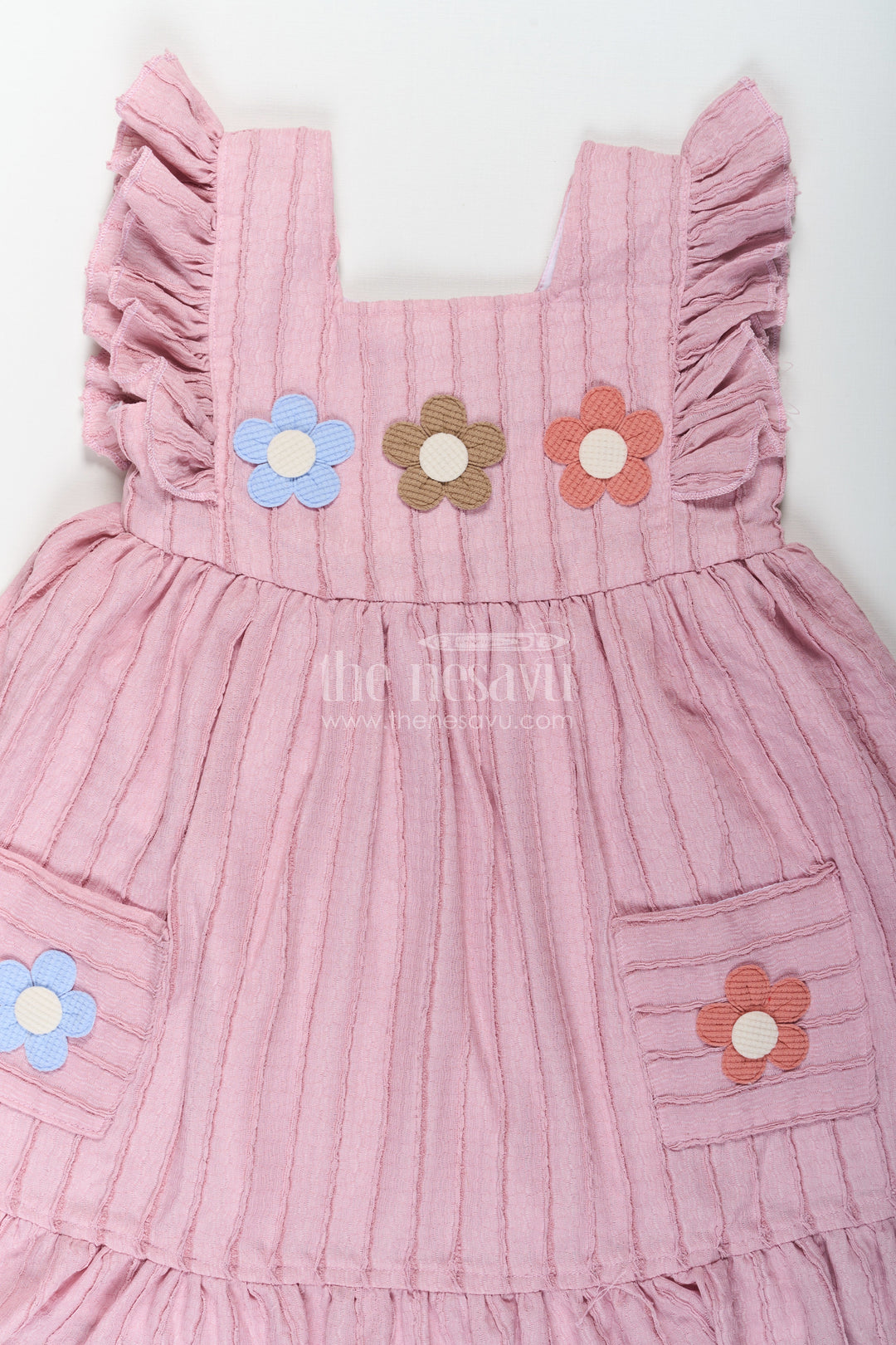 The Nesavu Girls Cotton Frock Girls Sleeveless Frock in Pure Cotton with Ruffled Straps and Floral Appliqué for a Casual Look Nesavu Nesavu Girls Sleeveless Frock Pure Cotton Ruffled Straps Floral Appliqu Everyday Wear