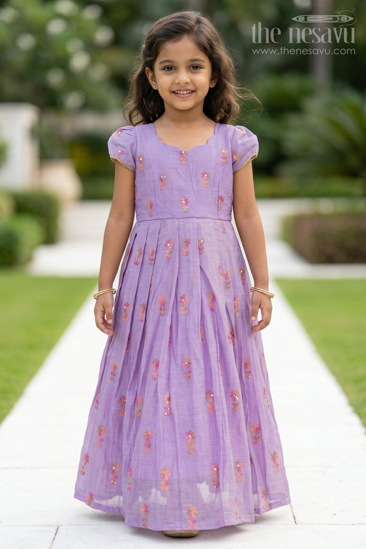 The Nesavu Girls Casual Gown Girls Sleeveless Gown for Birthday Parties and Twirl Moments Nesavu 18 (2Y) / Purple / Chanderi GA393B-18 Nesavu Girls Sleeveless Gown For Birthday Parties And Festive Occasions With Thread Embroidery