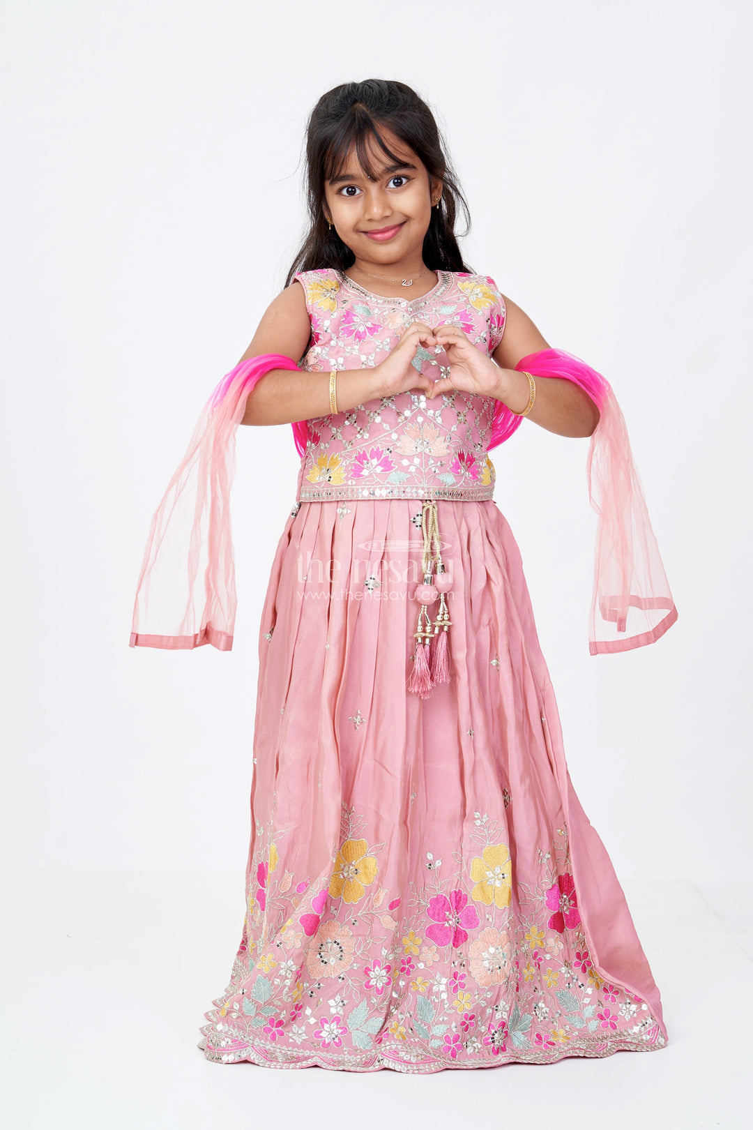 The Nesavu Girls Lehenga Choli Girls Sleeveless Lehenga in Pink Pure Tissue Silk with Floral Thread Embroidery and Mirror Work Nesavu 24 (5Y) / Pink GL611A-24 Girls Sleeveless Lehenga Pure Tissue Silk Floral Embroidery Mirror Work Dupatta | The Nesavu